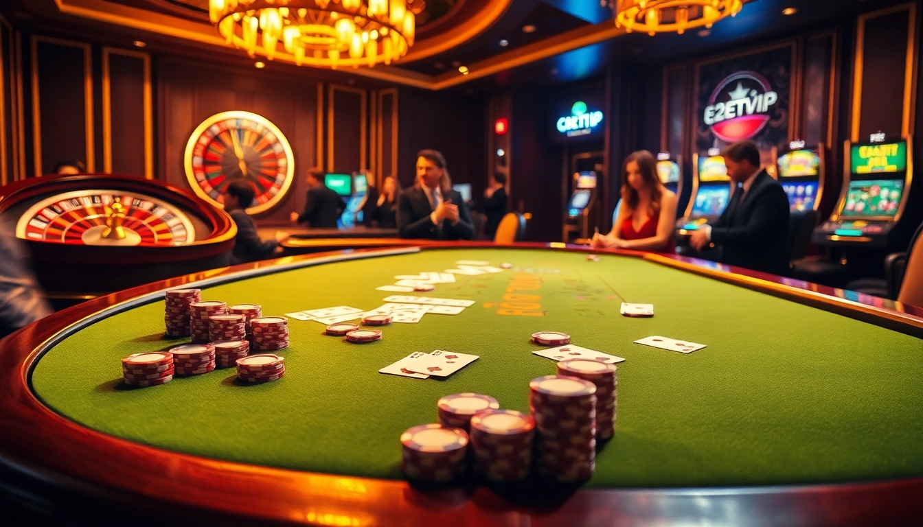 Experience the excitement of gaming at e2betvip with stylish players at an elegant casino table.