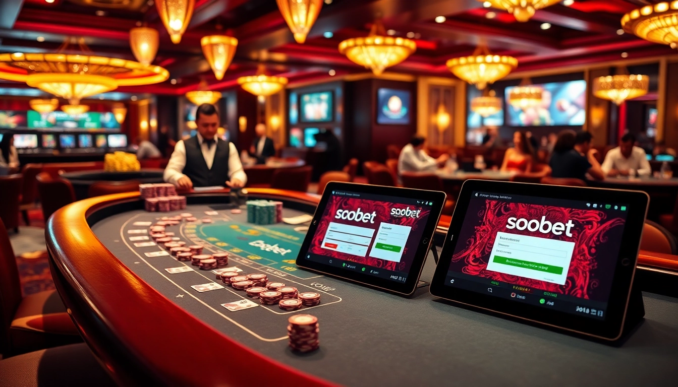 Effortlessly login to sbobet while enjoying a high-stakes casino environment with vibrant gaming elements.