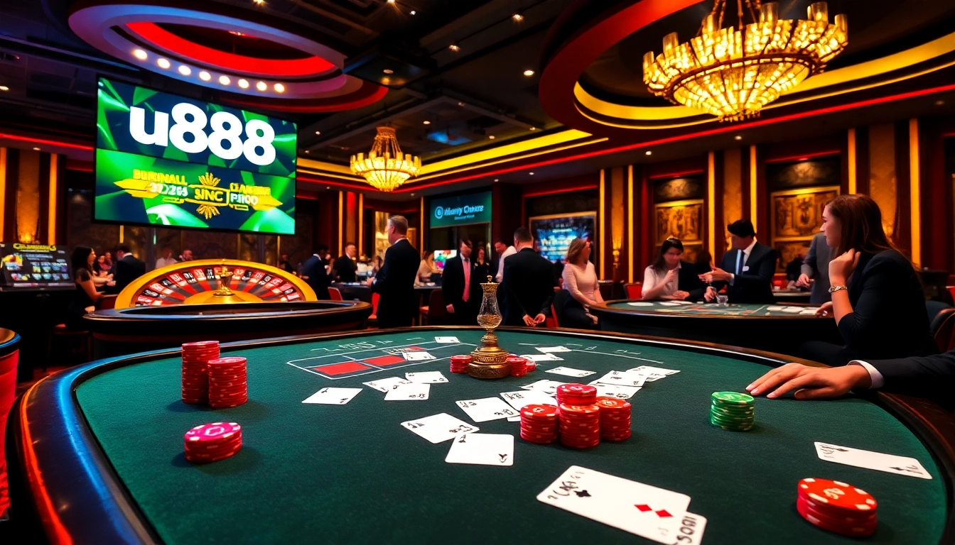 Experience the excitement of u888 with a vibrant poker table and roulette wheel in a luxurious casino setting.