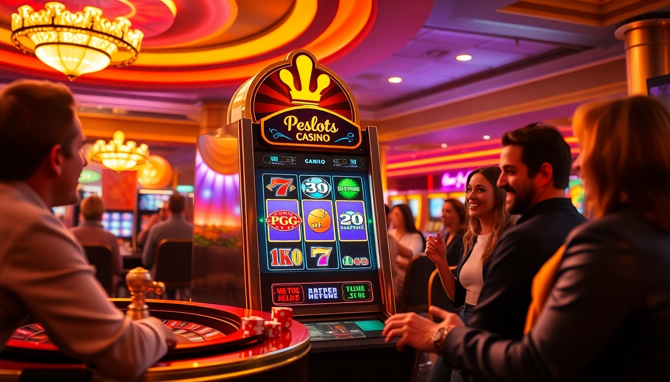 Play exciting PG slot demo games on a modern slot machine surrounded by vibrant casino elements.