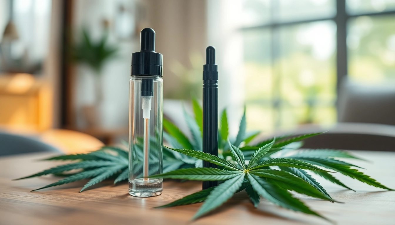 Capture a vibrant CBD oil vape setup highlighting a sleek vape pen and fresh hemp leaves.