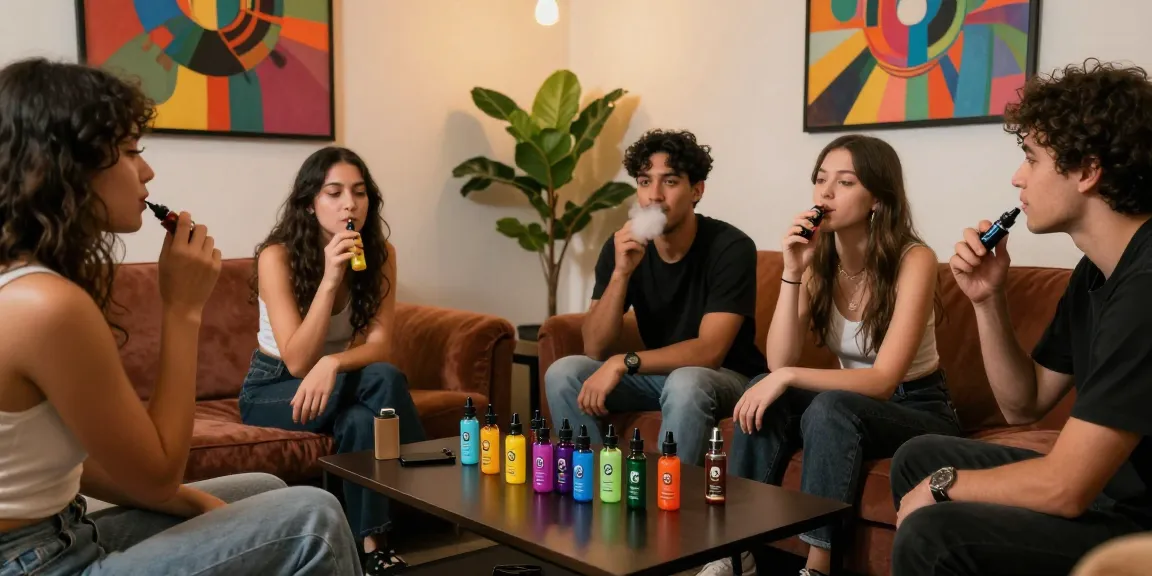 Friends enjoying Weed vape in a cozy lounge with THC vape e-liquids and a vibrant atmosphere