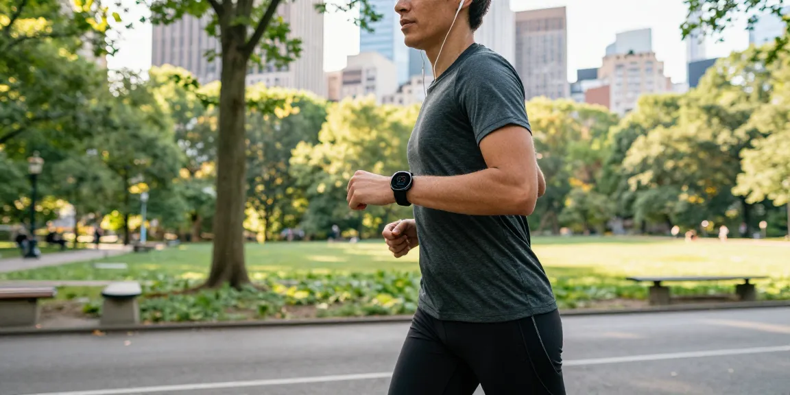 Orang menggunakan smartwatch https://www.polarfitbitshop.com/fitbit-luxe/ saat berlari di taman kota, menampilkan gaya hidup aktif dan sehat.